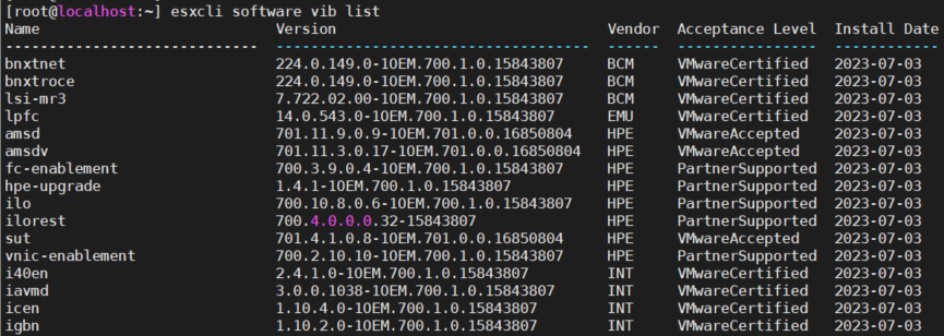 esxcli software vib list